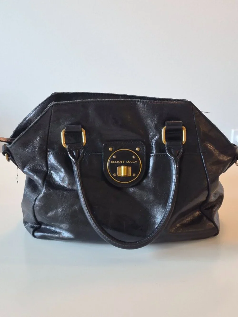 Elliott Lucca Black Genuine Leather Satchel Gold Turn Lock Handbag Purse